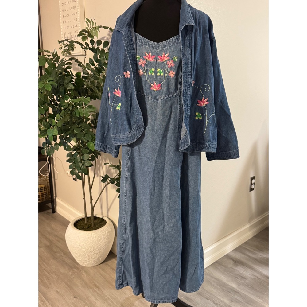 Roamans Vintage Denim 2 Piece Set Embroidered Floral Maxi Dress Jacket Blue B0 - Picture 3 of 7